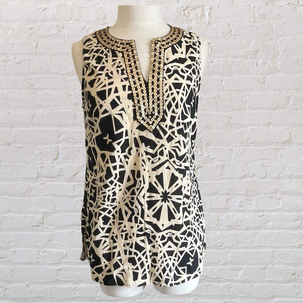 Vintage Susan Bristol black and cream sleeveless top with sequin details